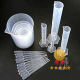 4 PCS Plastic Graduated Cylinders 10ml/25ml/50ml/100ml and 6 PCS Plastic Beakers 50ml/100ml/150ml/250ml/500ml/1000ml for DIY and Laboratory Measuring with 20 Plastic Droppers in 3 ml- lab plasticware