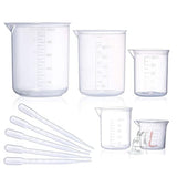 SPYLX Plastic Beaker Set, 5 Sizes Low Form Measuring Graduated Beakers in 500 ml, 250 ml, 100 ml, 50 ml, 25 ml for Laboratory, & Science Experiments with 5 Plastic Droppers in 3 ml- 