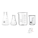 Scifa High Quality Borosilicate 3.3 Glass Beakers - 100 ml, 250 ml and Conical - 100 ml, 250 ml with Rubber Cork & Graduation Marks, Pack of 4- 